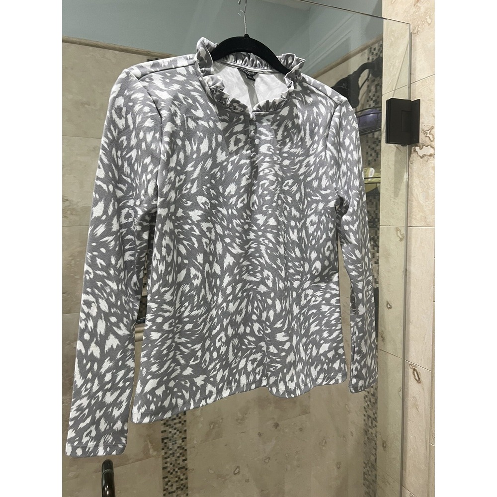 Ann Taylor Grey White Ruffle Animal Print Blouse Womens Size Medium Petite NWT